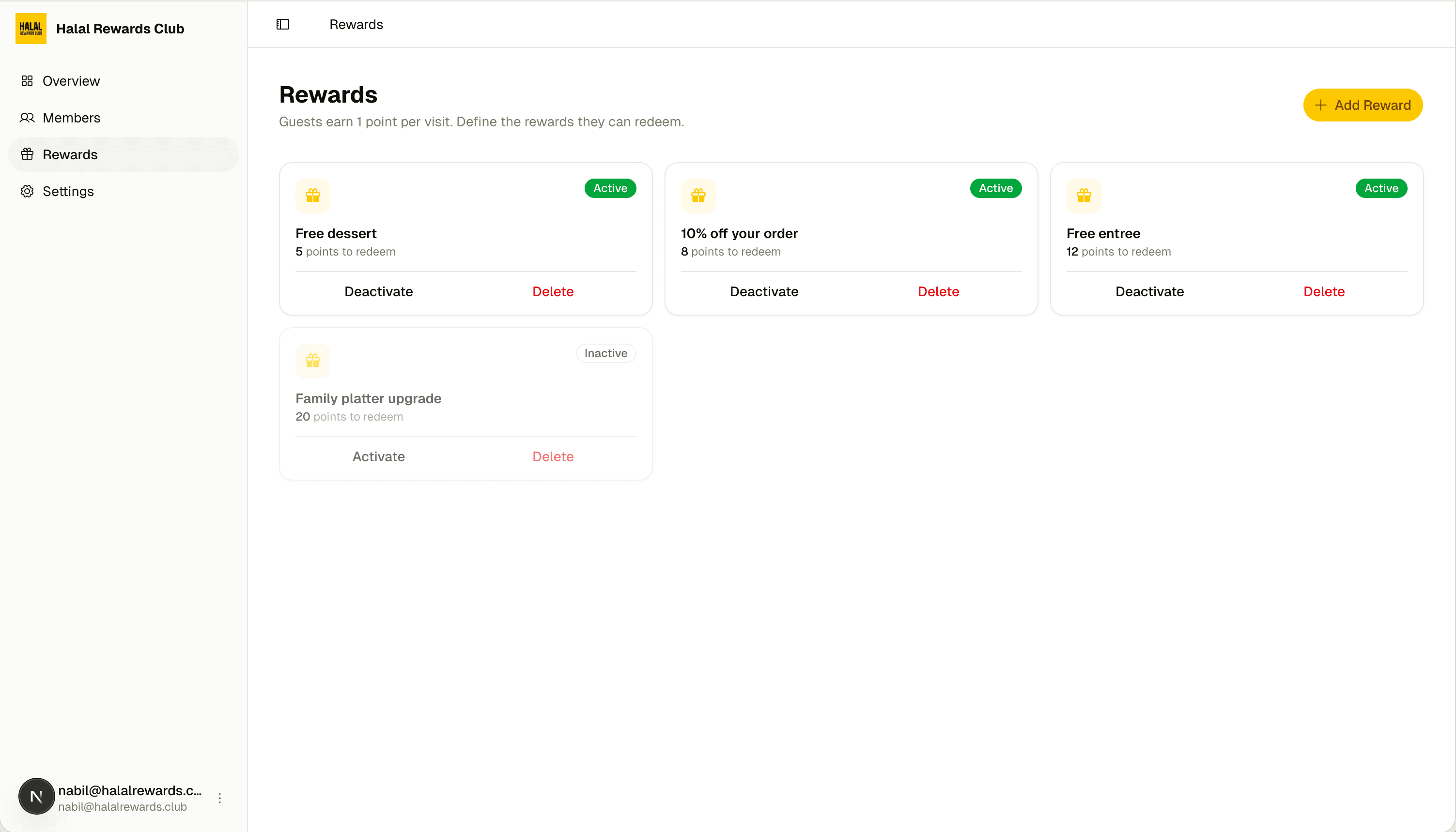 Rewards dashboard showing active and inactive loyalty rewards